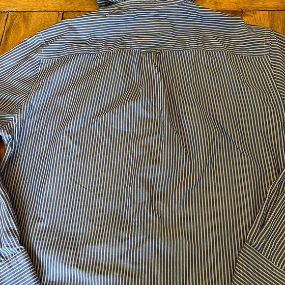 Woman’s Up-Cycled Ruffle Collar Blue Striped Button-Down Shirt with Pocket - Picture 7 of 9